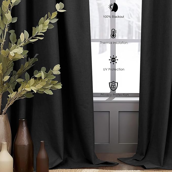 54 Inch Curtains Length 2 Panels Set 100% Blackout Modern Black Out Linen Drapes with White Back Tab Room Darkening Insulated Thermal Short Sundown Solar Curtains for Bedroom Noise Reducing Reduction