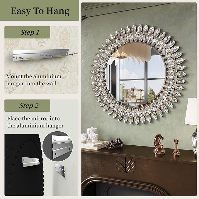 Kelly Miller Round Jeweled Mirror for Wall Decor, 26 in Modern Decorative Wall Mirror with Luxury Diamonds Beveled Vanity Mirror for Bedroom Dresser, Living Room Table, Bathroom, Hallway, Entryway