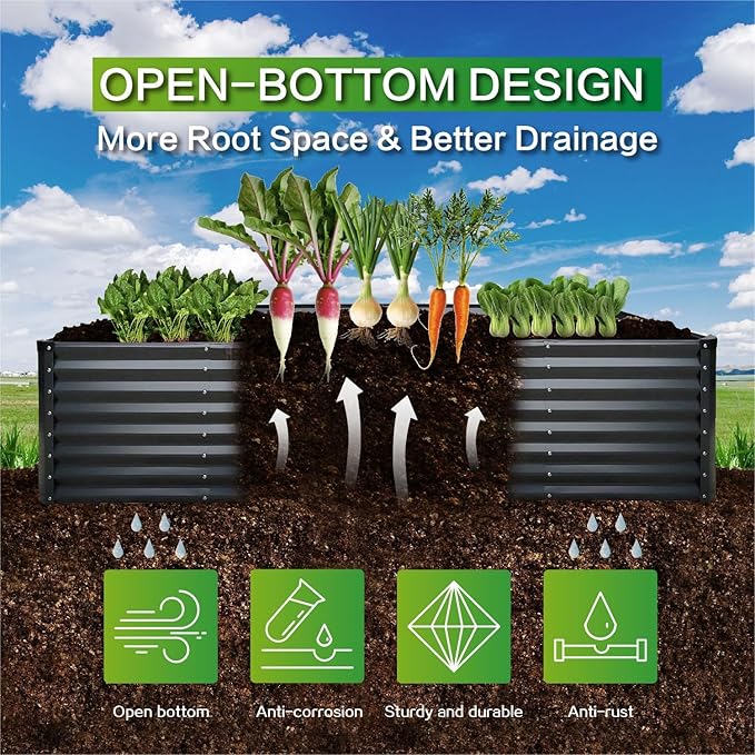 GARDMAX 8x4x2FT Galvanized Raised Garden Bed Kit, Metal Planter Boxes Outdoor with Easy Assembly, Large Garden Bed for Vegetables, Fruits, Flower, Herbs Rectangle Dark Gray