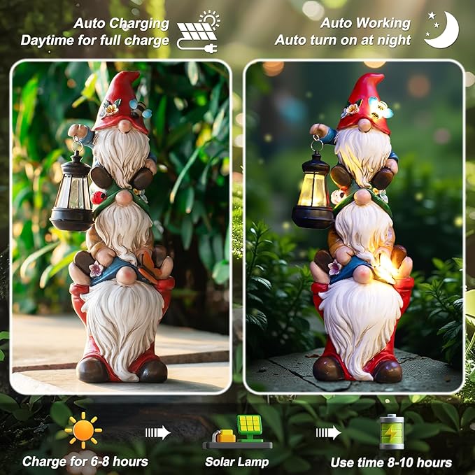 Garden Gnome Statue with Solar Lights Garden Sculptures Funny Triple Gnome Outdoor Patio Lawn Yard Balcony Garden Home Decor Birthday Gifts for Women Mom Grandma 12 in Fall Gnome
