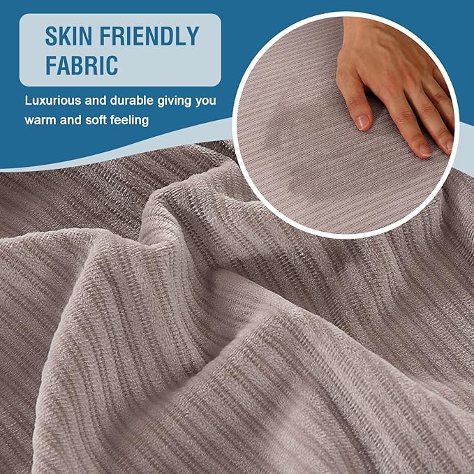 H.VERSAILTEX Velvet Stretch Sectional Sofa Covers - 3 Pieces, L-Shaped Chaise, Taupe Striped