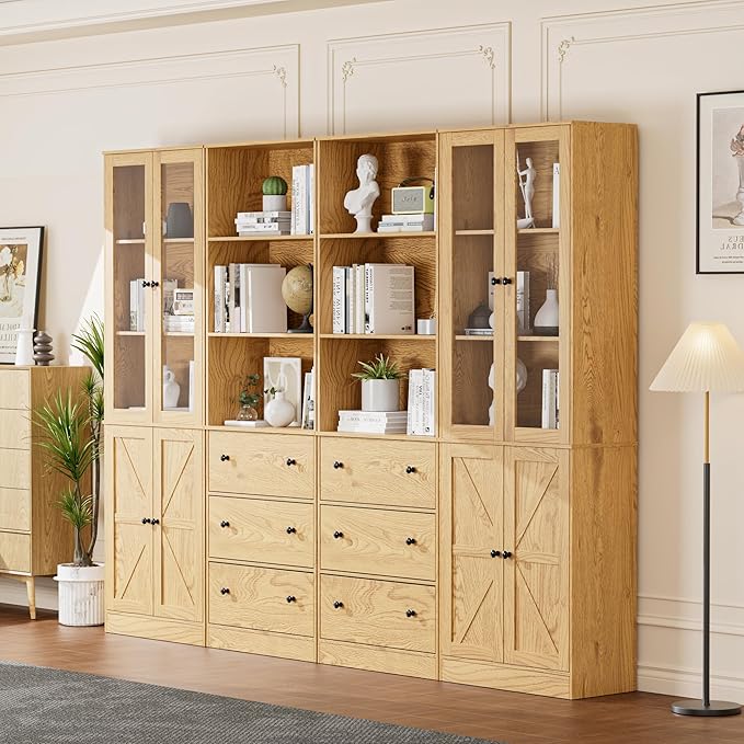 71" Tall Bookshelves Set of 4, 2 Bookcases with Drawers & 2 Bookshelves with Doors, Wooden Bookshelves Floor Standing Display Storage Shelves Home Decor Furniture for Home Office, Living Room