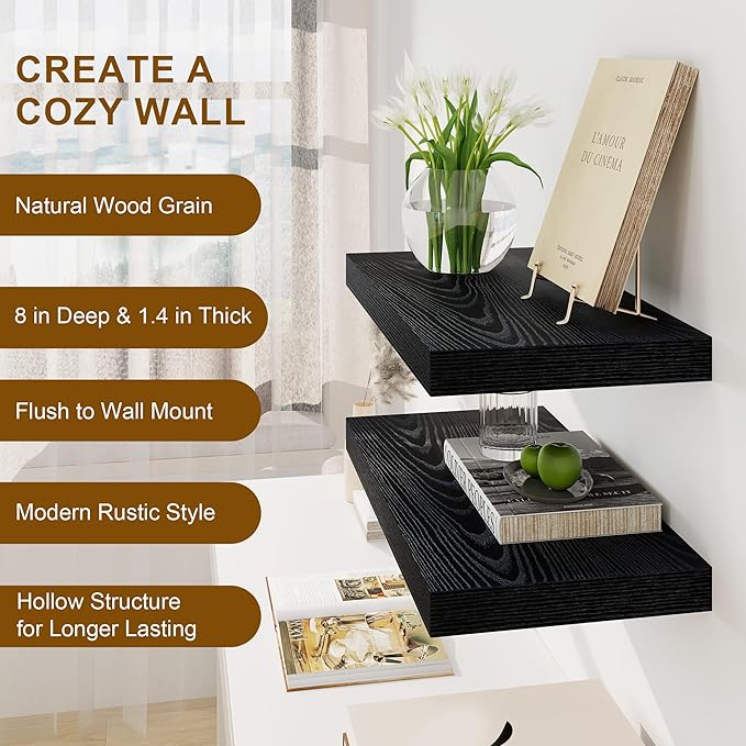 Fun Memories Black Floating Shelves 16 Inch Long, 8 Deep Floating Shelf Wall Mounted, 16 x 8 Inch Wooden Bathroom Shelves, Deep Storage Shelves for Living Room, Kitchen, Set of 2