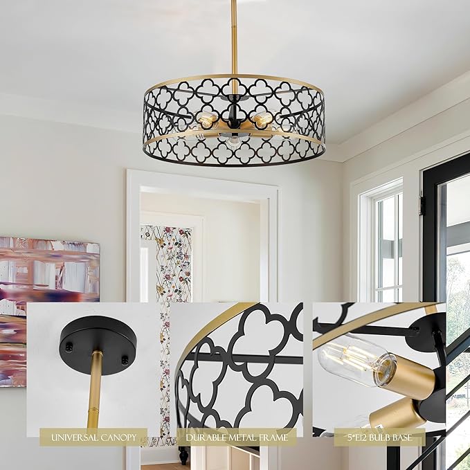 5-Light Drum Chandeliers for Dining Room,19.7" Rustic Farmhouse Dining Room Light Fixture, Black&Gold Metal Hanging Pendant Light for Living Room Bedroom Kitchen Entryway Foyer