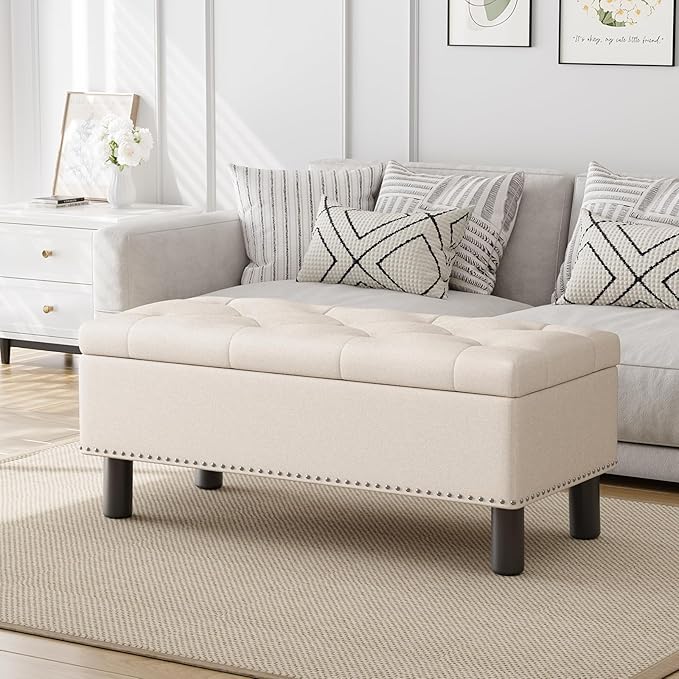 Furniliving 42” Ottoman Bench with Storage, Folding Storage Ottoman Benches with Wood Legs, Upholstered Bedroom Bench with Button-Tufted, Entryway Bench for Bedroom, Linen, Beige