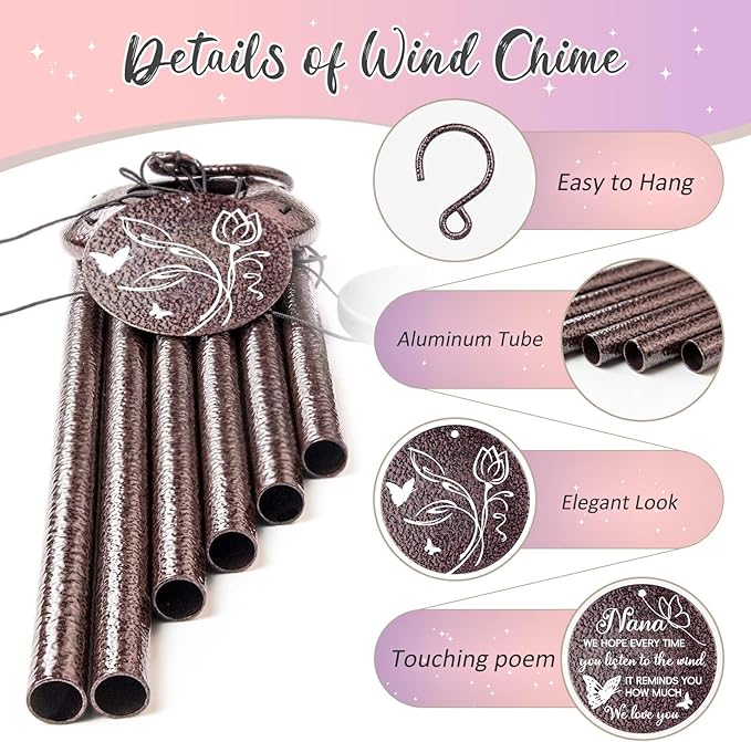 Gifts for Nana, 25''Wind Chimes, Birthday Gift for Nana from Grandkids, Mothers Day, Thanksgiving, Christmas Day Gifts Ideas for Love Reminder