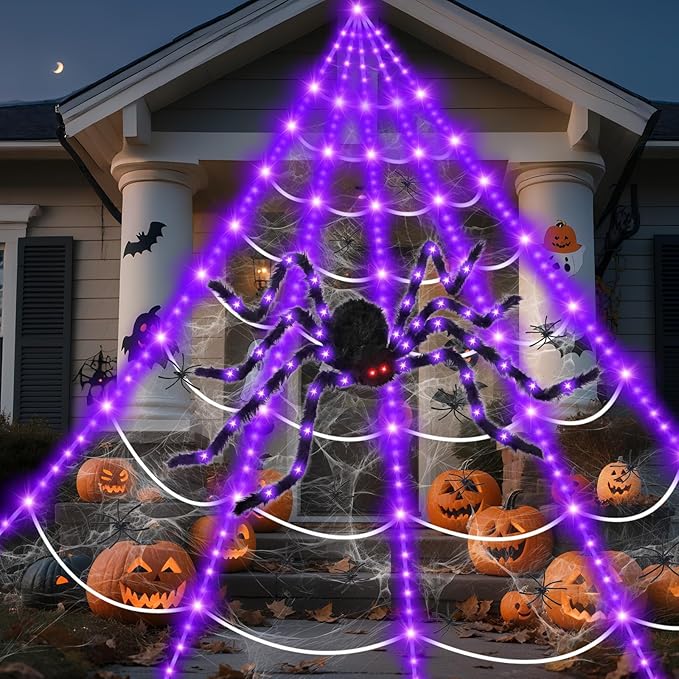 16.4 X 15.8Ft Giant Spider Web Halloween Decorations with 250 LED Lights, Halloween Spider Web Outdoor with 5Ft Large Spider, 3.53 Oz Stretch Web and 20 Small Spiders for Yard House Party Decoration