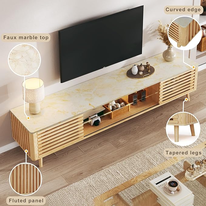 70" Mid Century Modern TV Stand for 55/65/75 Inch TV, Faux Marble Top Entertainment Center with Slatied Sliding Door & LED Lights, Low TV Console with Glass Shelves for Bedroom, Living Room