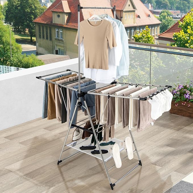 Giantex Clothes Drying Rack, Foldable Laundry Drying Rack with with 6-Level Adjustable Height, High Hanger Design, Side Clips, Space Saving Collapsible Laundry Drying Rack