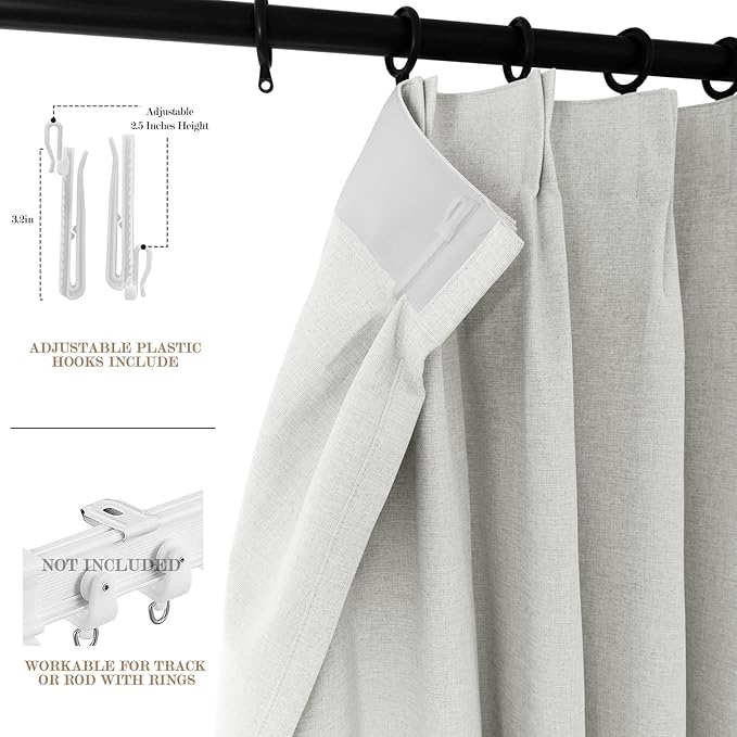 100% Blackout Linen Textured Drapes for Bedroom Pinch Pleated Curtains for Track System Portable Drapery for Sliding Glass Door/Storage/Space Room Divider, 70" Wx96 L, 1 PC, Greyish White