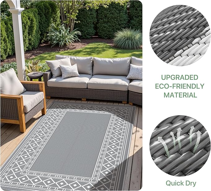 GENIMO Outdoor Rug Waterproof for Patio Decor, 5'x8' Reversible Plastic Straw Area Carpet, Camping Outside Mat for Outdoor, RV, Deck, Camper, Balcony,Picnic Grey & White