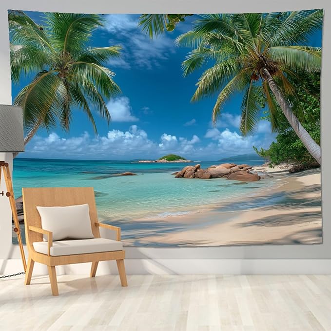 keowhsf Beach Summer Ocean Tapestry – Tropical Palm Trees Wall Hanging Decor with Blue Sky and Seaside Scenery, Nature Landscape Tapestry for Bedroom Living Room Dorm