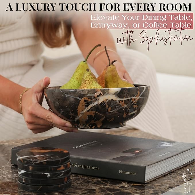Gusto Nostro 8" Luxury Black Marble Decorative Bowl for Coffee Table - Elegant Decorative Fruit Bowl for Kitchen Counter - Heavy Stone Entryway Catch All for Keys, Potpourri Holder Centerpiece, Medium