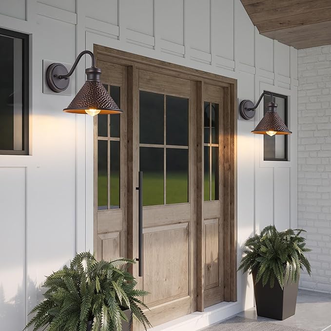 Gooseneck Outdoor Wall Light Fixtures, 2-Pack Farmhouse Barn Lights for Porch, Industrial Oil-Rubbed Bronze Exterior Wall Sconce for Garage, Patio, E26 Base Anti-Rust, Bulb not Included