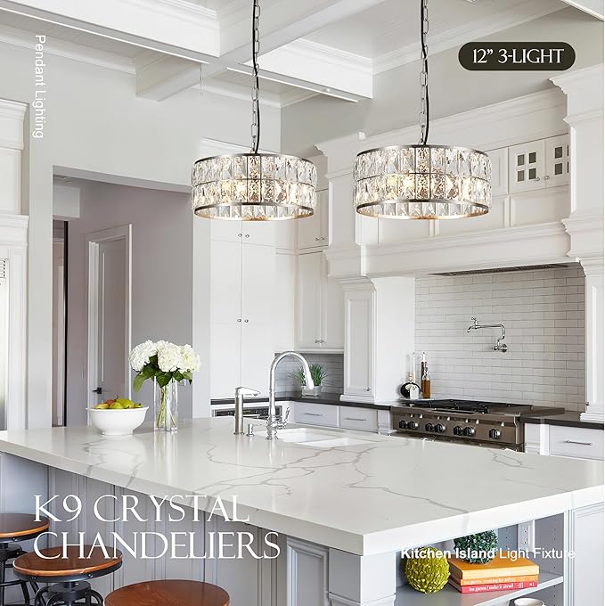 12” 3-Light Modern Crystal Chandeliers Nickel Dinning Room Light Fixture, Round Pendant Light Kitchen Island Chandelier, Flush Mount Ceiling Light for Living Room Entryway Bedroom Foyer