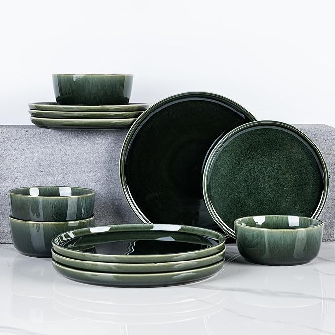 GBHOME Ceramic Dinnerware Sets for 6, 18 Pieces Stoneware Plates and Bowls Sets, Reactive Glaze Dishes -Scratch Resistant, Dishwasher&Microwave Safe, Earth Green