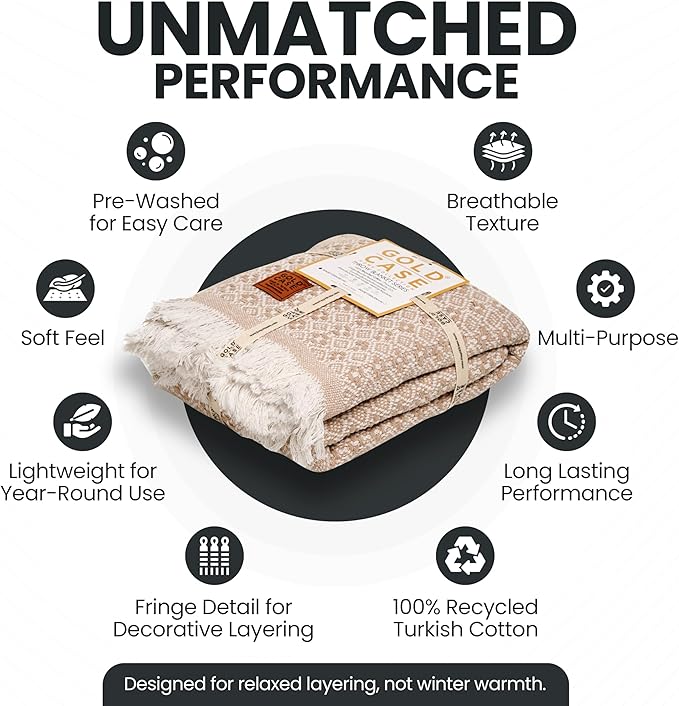Gold Case Throw Blanket for Couch – 100% Recycled Turkish Cotton Blankets & Throws – Elegant Decorative Throw Blankets for Living Room Sofa – Woven Throws for Couch – Retro Beige – 50x60