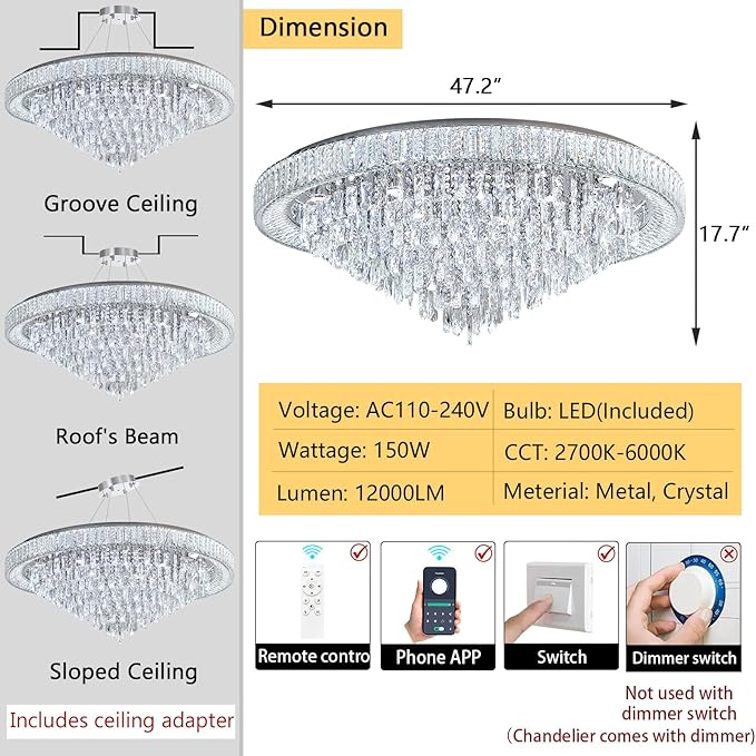 47'' Modern Chandeliers LED Dimmable Crystal Flush Mount Ceiling Chandeliers for Living Room High Ceiling Entrance Foyer Lobby Bedroom Silver
