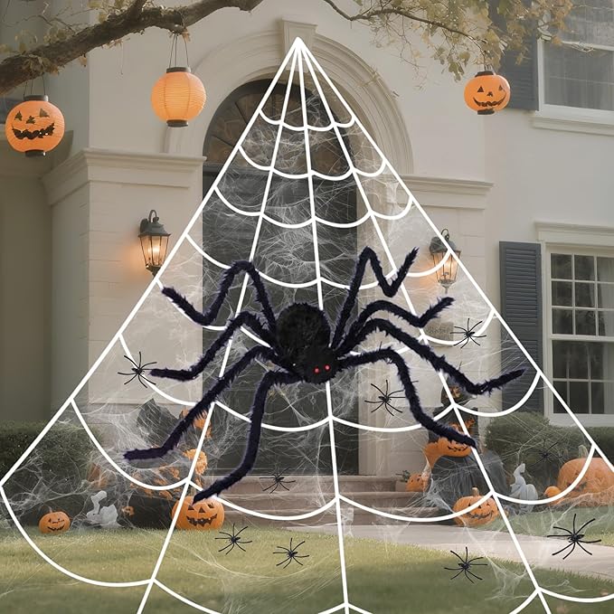 16.4 X 15.8Ft Giant Spider Web Halloween Decorations with 250 LED Lights, Halloween Spider Web Outdoor with 5Ft Large Spider, 3.53 Oz Stretch Web and 20 Small Spiders for Yard House Party Decoration