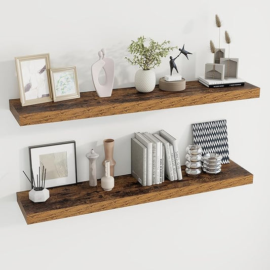 48 inch Floating Shelves for Wall Large Wall Mounted Shelves with Invisible Brackets, Brown Long Shelves for Bathroom, Living Room, Kitchen, Office, 48x9.1 inch deep Set of 2
