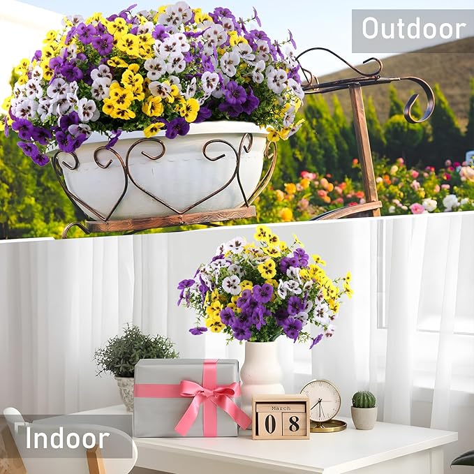 18 Bundles Artificial Fake Pansy Flowers for Outdoor, Faux UV Resistant Silk Pansies Flowers for Outside Planter Front Door Porch Yard Patio Window Box Home Decor (18, Purple, Yellow, White)