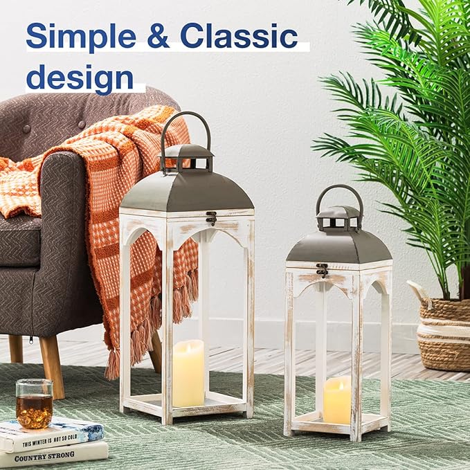 Glitzhome Set of 2 Mondern Farmhouse Wood Metal Lanterns Decorative Candle Lanterns, White (No Glass)