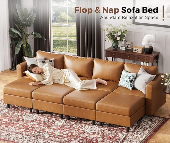 118.5" Luxury Modular Sleeper Sofa Bed with Storage Seat, 8 Seat Sectional Couch Deep Seat with Reversible Chaises & Removable Cover - Brown Faux Leather