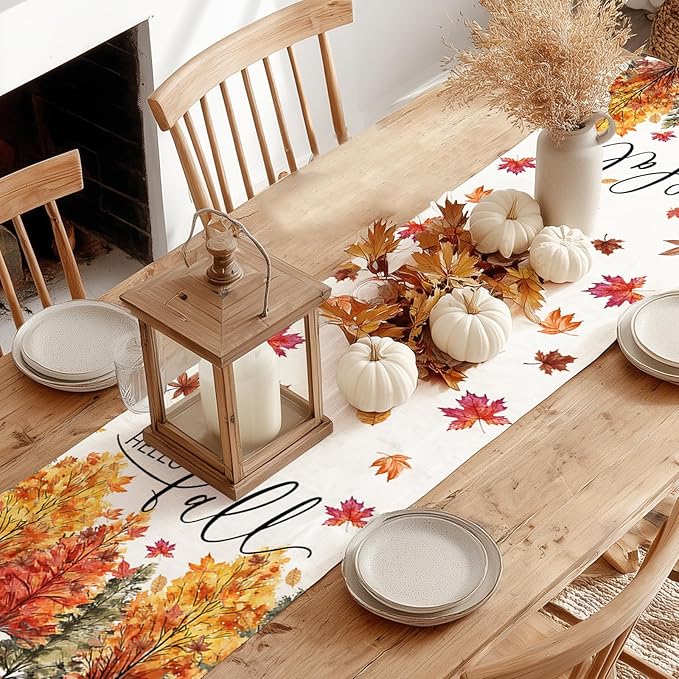 GEEORY Fall Watercolor Trees & Maple Leaves Table Runner 13x72 Inch, Rustic Farmhouse Autumn Thanksgiving Decor for Kitchen, Dining, Indoor/Outdoor Holiday Dinner Party Orange Red GT160-72