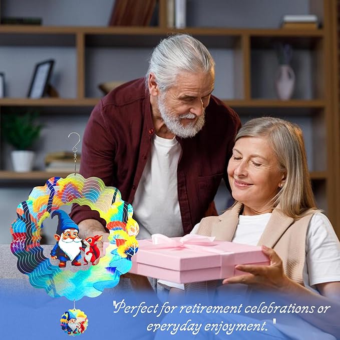 Gnomes Hanging Wind Spinners,12 Inch 3D Garden Spinner Kinetic Art Garden Decorations，Stainless Steel Reflective Wind Spinners for Yard