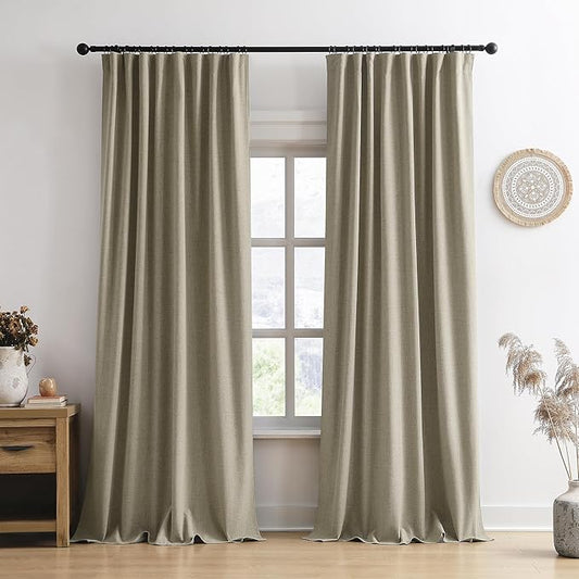 102 Inch Long Blackout Linen Blend Curtains 2 Panels,70 Wide Back Tab Pinch Pleated Look Window Drapes with Hooks,Track System Curtain Panels for Sliding Door Modern Farmhouse 70x102 Light Taupe