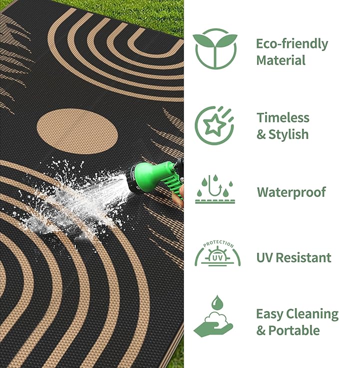 GENIMO Outdoor Rug 8' x 10' Waterproof for Patio Clearance, Reversible Lightweight Plastic Straw Camping Carpet, Large Area Rugs Mats for Rv, Backyard, Deck, Porch, Picnic, Balcony, Mix-Black & Brown