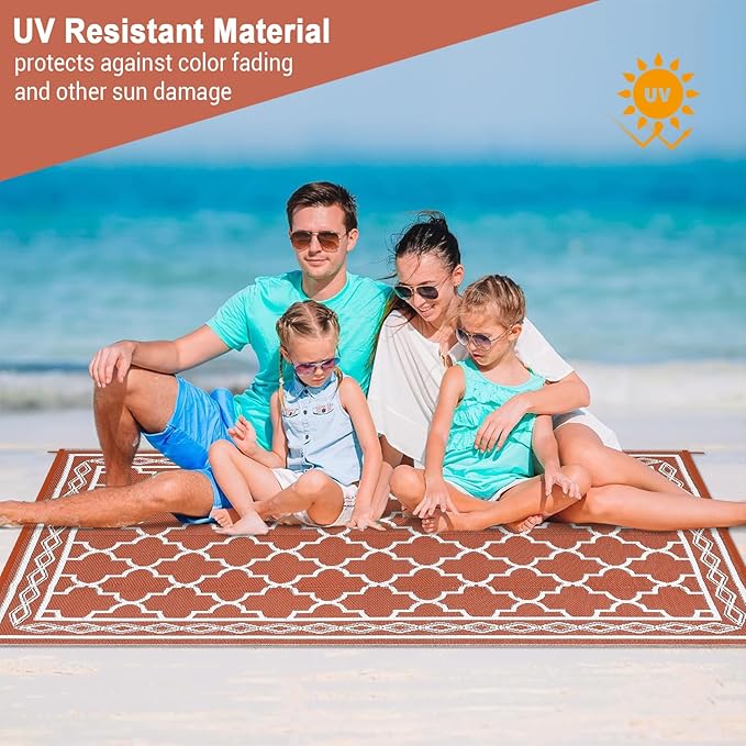 GAOMON Outdoor Plastic Straw Rug, 10'x14' Reversible Sage Green Patio Mat, Flower Modern Design for RV, Backyard, Deck, Camping, Picnic, Orange/White(Geometric)