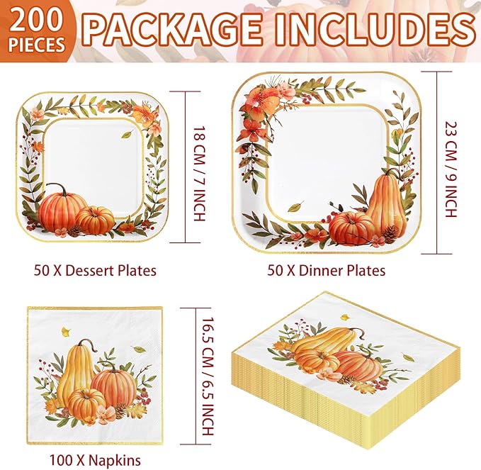 Grencian 200Pcs Fall Plates and Napkins Thanksgiving Plates Pumpkin Flower Wreath Plate Disposable Pumpkin Tableware Fall Party Supplies for Autumn Harvest Thanksgiving Party Decorations, Serves 50