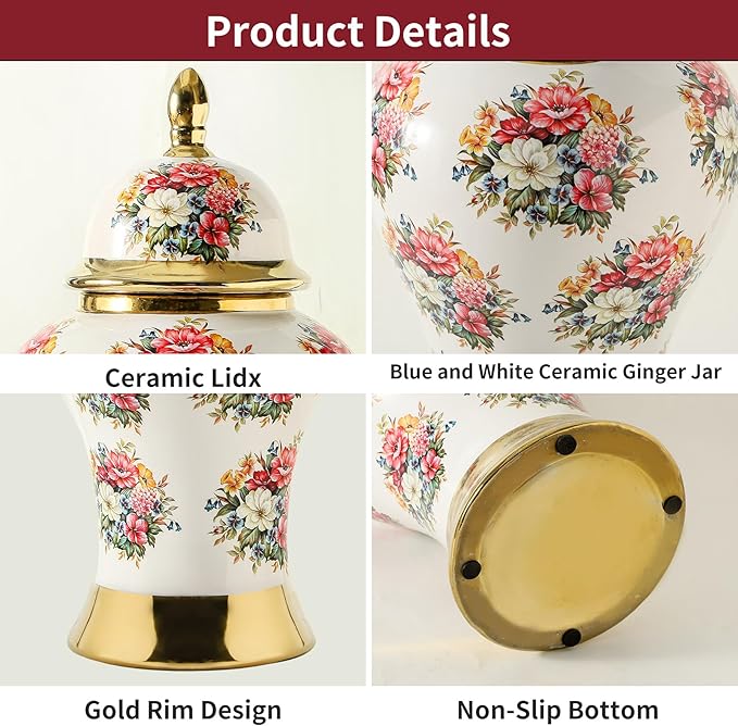 Ginger Jars for Home Decor, White Gold Ceramic Vase with Colorful Floral Pattern, Handmade Decorative Flower Vase with Lid for Home, Kitchen, Office, Table, Bookshelf, Mantle Fireplace,(12in)