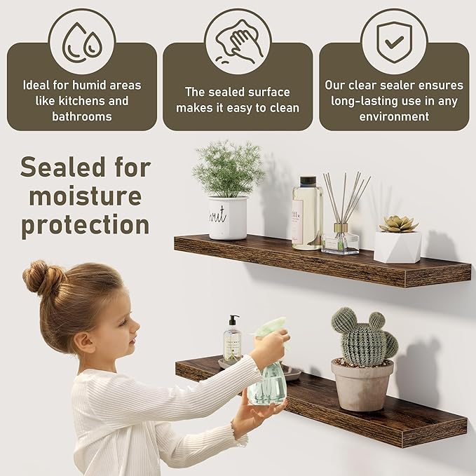 Fun Memories 32 Inch Floating Shelves Wall Shelf Set of 3, Rustic Farmhouse Home Decor Kitchen Living Room Shelves Wall Mounted, 32 x 6.7 x 1.4 Inch, Rustic Brown