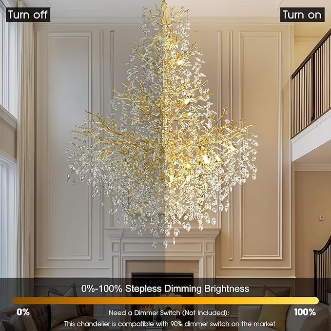 H65'' Gold Tree Branch Crystal High Ceilings Chandeliers, 27-Lights Modern K9 Crystal Staircase Chandeliers, D48'' Foyer Chandelier for High Ceiling, Luxury Large Living Room Chandelier