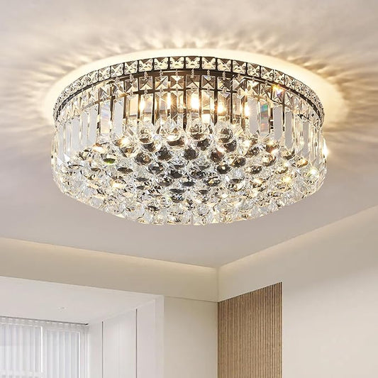 6-Lights Black Crystal Flush Mount Chandelier Light Fixture K9 Crystals Modern Ceiling Lights Elegant Pendant Lamp for Bedroom,Hallway,Bar,Living Room,Dining Room,H5.9 xW20 (Bulbs Not Included)