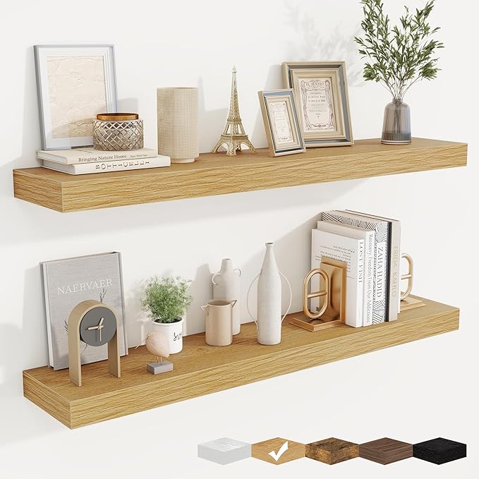 fuqing Floating Shelves for Wall, Bathroom Shelf Wall Mounted for Storage, Shelves with Invisible Bracket for Bedroom, Kitchen, Living Room, Farmhouse Small Book Shelf, 40 Inch Set of 2, Oak