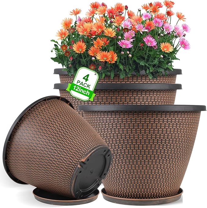 12 inch Pots for Plants, 4 Pack Large Outdoor Planter Pot with Drainage Holes & Saucers, Plastic Flower Pots for Indoor Plants, Decorative Garden Pots for Indoor & Outdoor Plant (Black Copper)