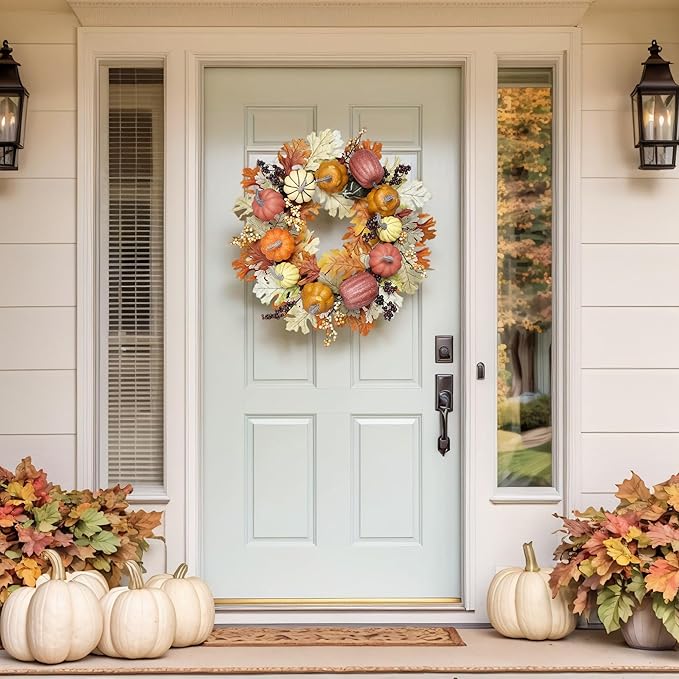 24 inch Fall Wreaths for Front Door Outside Autumn Wreath Fall Decorations for Home Decor Pumpkin Wreath for Farmhouse Holiday Thanksgiving Harvest Halloween Outdoor Indoors Fall Front Porch