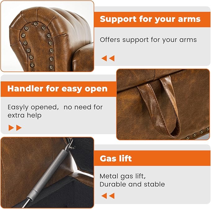 Furniliving Storage Ottoman Bench, Leather Benches End of Bed Bench with Solid Wood Legs Upholstered Ottoman Bench with Storage Indoor Bench for Living Room with Rolled Arm, Entryway, YellowBrown