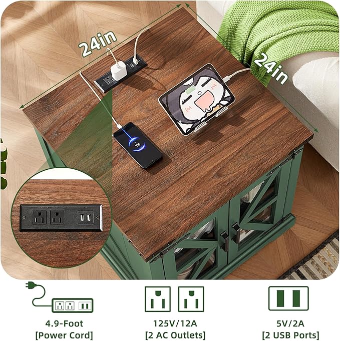 24" End Table Set of 2 with Charging Station, Farmhouse Night Stand with Glass Barn Door, Nightstands with Adjustable Storage Shelf, Large Wood Square Bed Side Table for Living Room, Bedroom