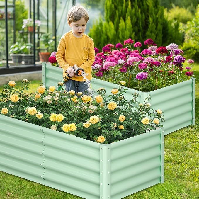 Galvanized Raised Garden Bed Outdoor, 2 Pcs 6x3x1.5FT Outdoor Large Planter Raised Beds Open Base with Safety Edge and Glove for Vegetables Flowers Ground Planter, Green