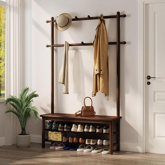 Hall Tree, Coat Rack with Shoe Storage, Wooden Hall Tree with Bench, 11 Hooks and 2-Tier Storage Shelves, Entryway Bench with Coat Rack (39.3" - Deep Walnut)