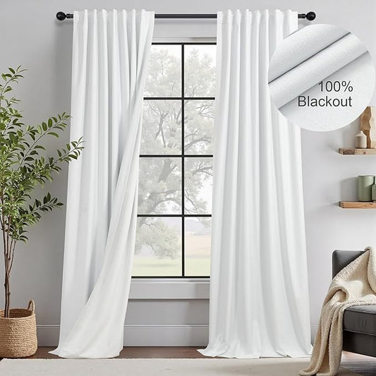 100 Inch Curtains & Drapes Window Coverings Custom Extreme Blackout Linen Curtains White Black Out Thermal Curtains for Sliding Glass Door Heavy Duty Panels 2 Back Tab Pleated 52 Inch Wide by 100 Long