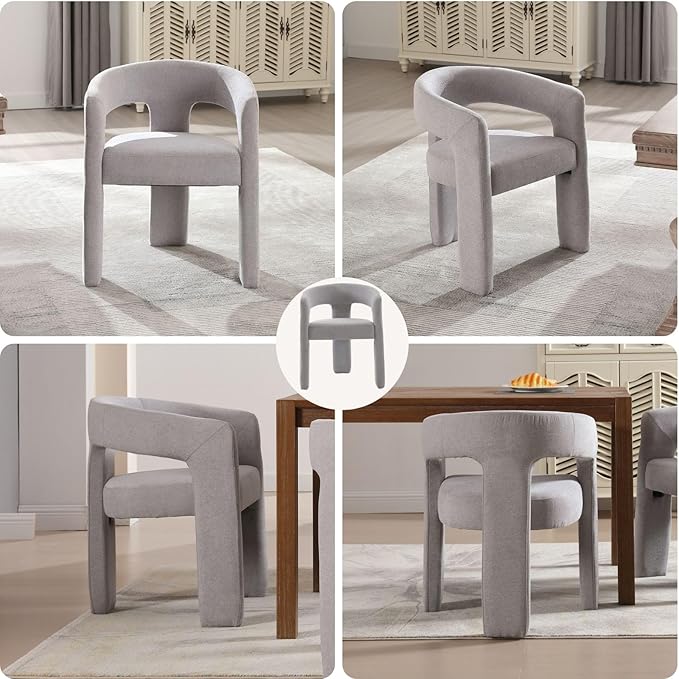 Grey Chenille Dining Chairs Set of 4, Modern Barrel Dining Room Chairs Upholstered Faux Fur Accent Chair with Arms and Round Back for Living Room Kitchen Armchair No Assembly Needed