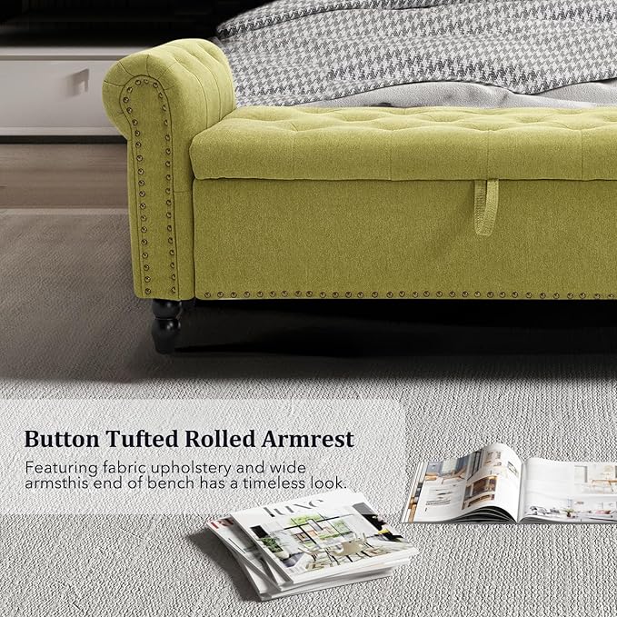 Furniliving 55” End of Bed Bench, Bedroom Bench with Button-Tufted, Large Upholstered Storage Ottoman Benches Entryway Bench with Storage Shoe Cabinet Bench, for Bedroom, Living Room, Linen, Green