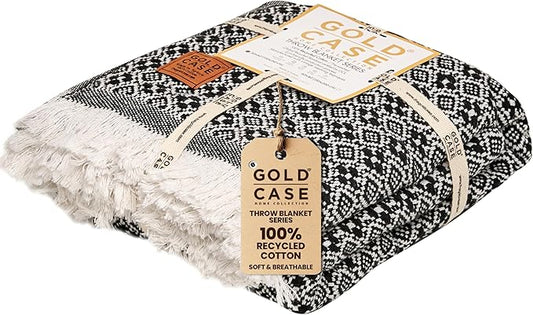 Gold Case Throw Blanket for Couch - 100% Recycled Turkish Cotton Blankets & Throws - Retro Soft Throw Blankets for Living Room Sofa - Boho Decorative Woven Throws for Couch - 60x80 - Black