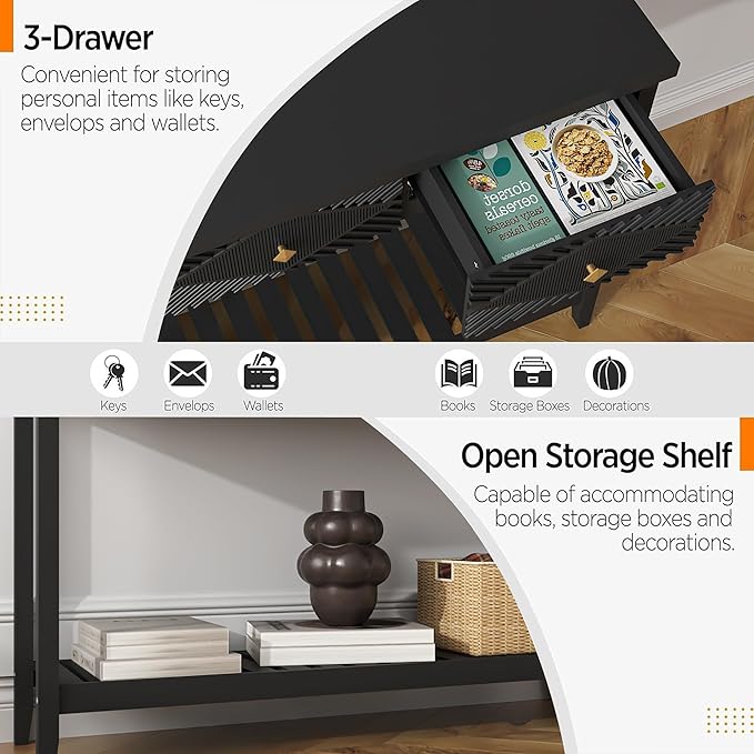 47" Console Table with 3 Drawers, Fluted Narrow Long Entryway Table with Storage Shelf, Accent Table for Entryway, Living Room, Behind Couch, Foyer, Hallway, Office