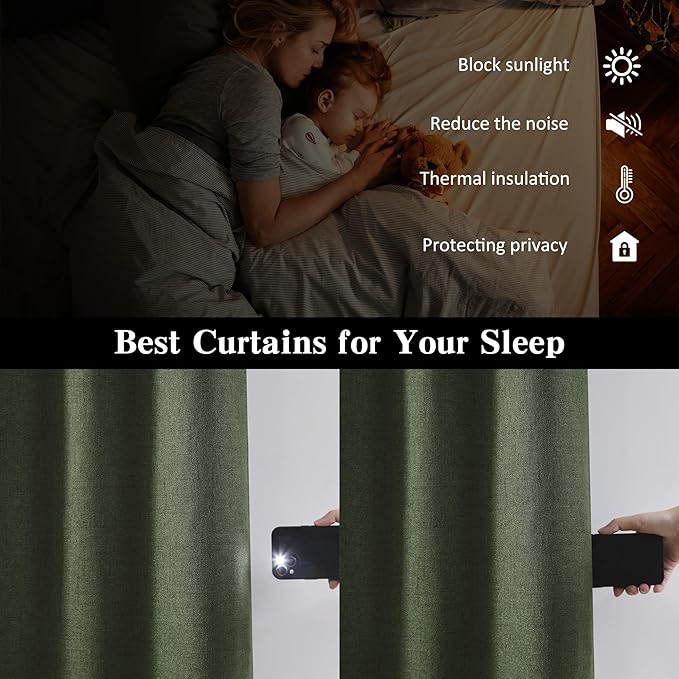 102 Inch Long Linen Blended Blackout Curtains 2 Panels, Back Tab Pleated Look Drapes for Track System with Hooks, Noise Reducing Country Blackout Winodw Curtains 50x102-Loden/Olive Green